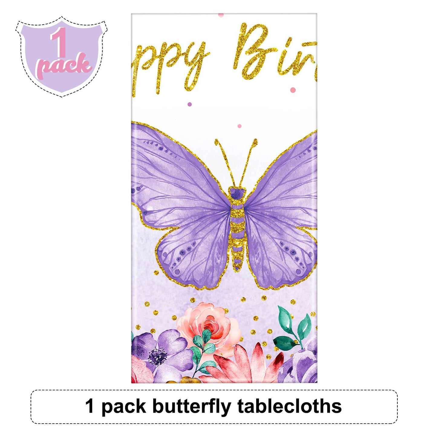Butterfly Happy Birthday Tablecloth - Rectangular Watercolor Butterfly Table Cover, Spring Themed Plastic Tablecloth for Girl Pa