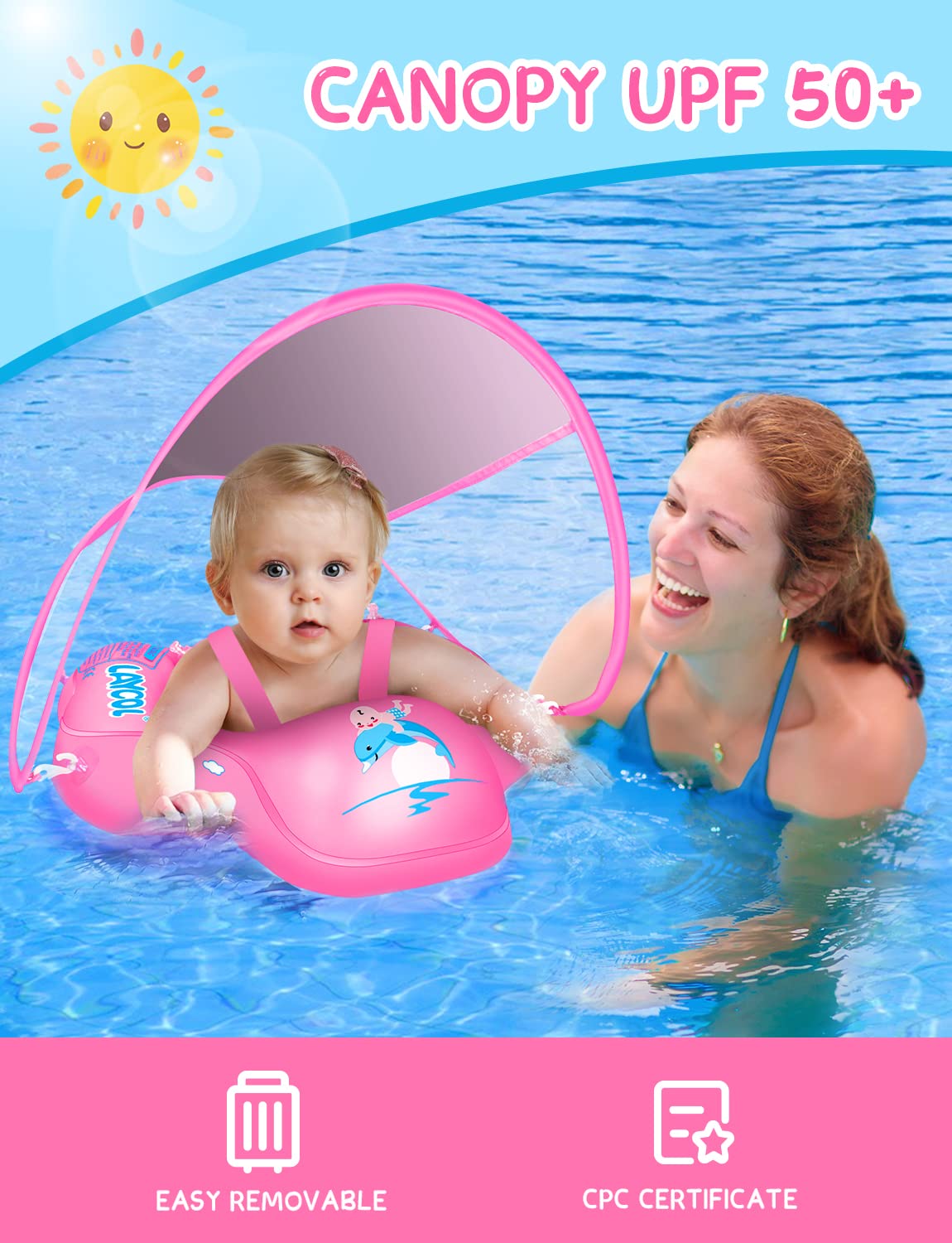 LAYCOL Baby Swimming Float with UPF50+ Canopy, Large Pink, No Flip Over Design for 3-36 Months Pool Safety