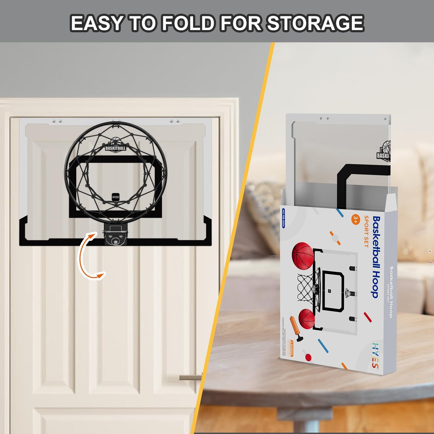 Hyes 24'' X 16'' Large Basketball Hoop Indoor For Adults, Over The Door Basketball Hoop With Sturdy Backboard, Big Basketball To