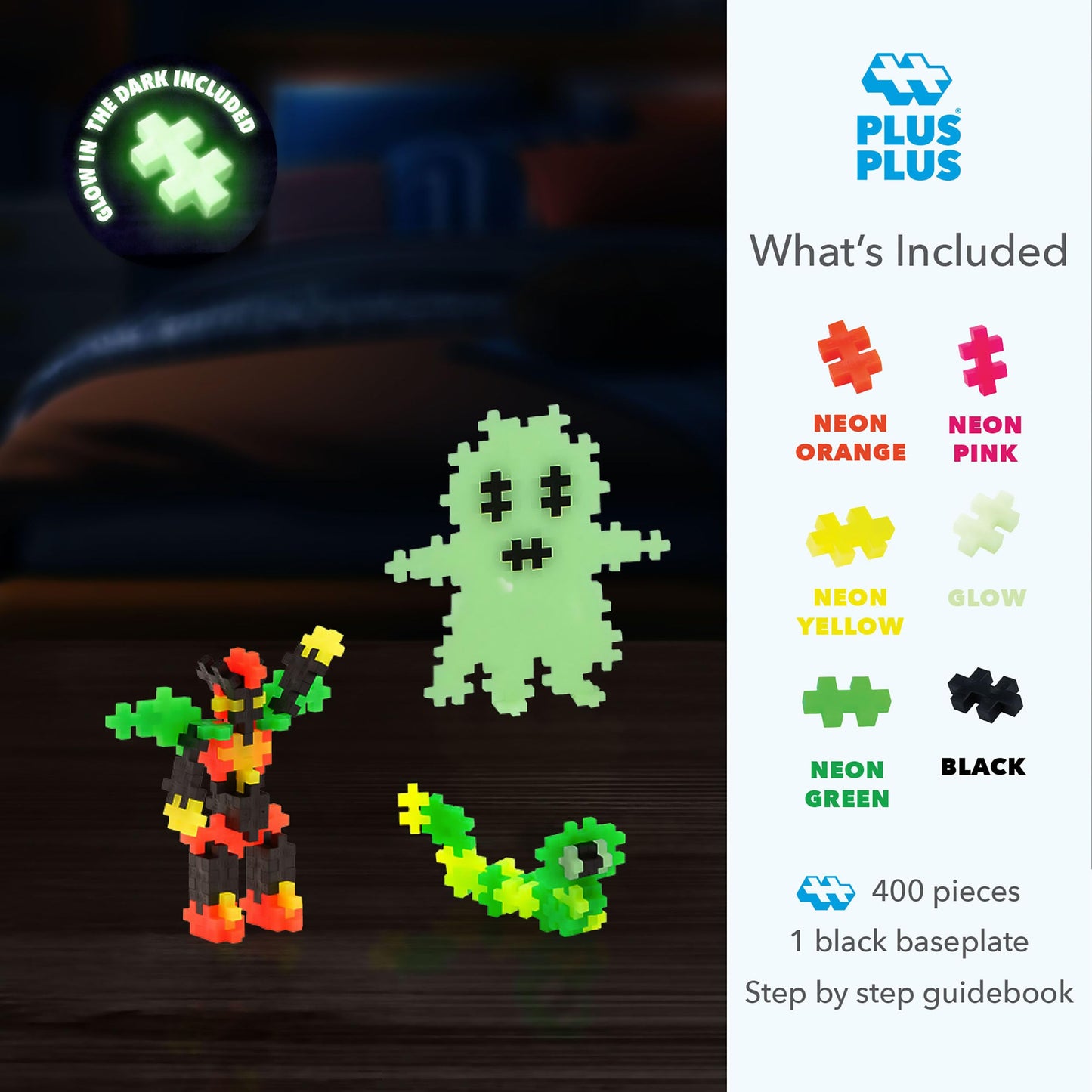 Plus Plus - Learn To Build, Glow In The Dark - Construction Building Stem - Interlocking Mini Puzzle Blocks For Kids