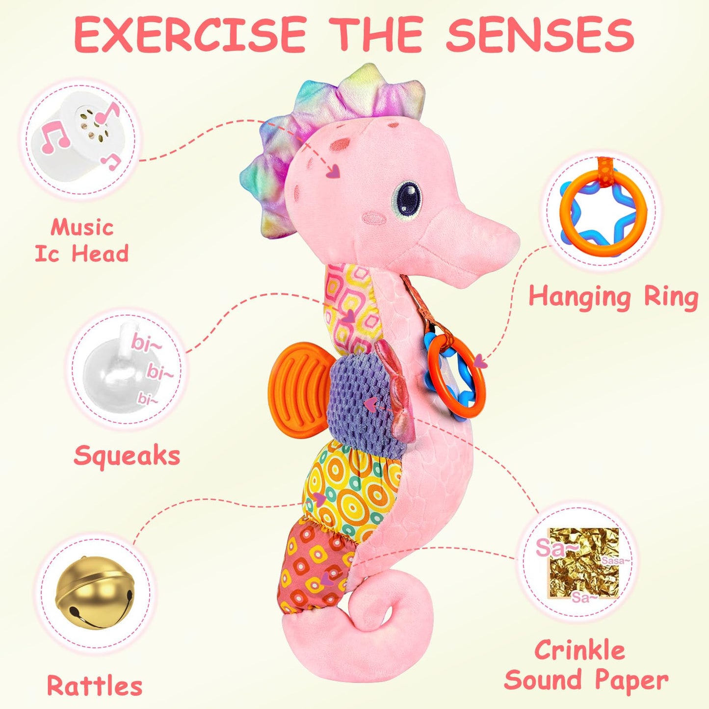 Fuzqq Baby Girl Toys 0-6 Months,Infant Musical Stuffed Animals Soft Toy With Bright Colors,Crinkle Sound Paper, Multi-Textures &