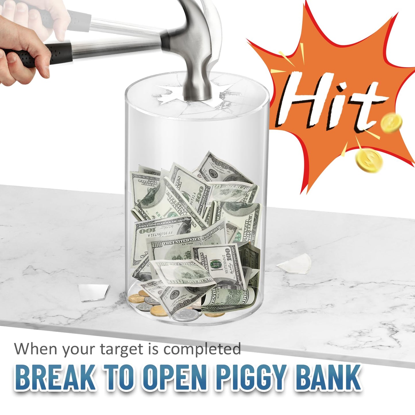 Hizgo Adults Piggy Bank, Acrylic Clear Piggy Bank For Adults/Kids Must Break To Open, Unopenable Acrylic Savings Jar, Size 10' H X 6' Diameter(Large)