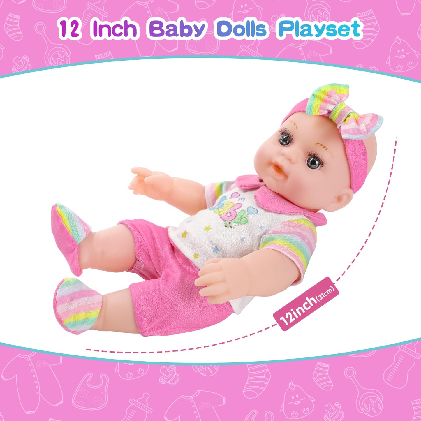 ZNTWEI 12 Inch Baby Doll Playset Sleeping Bag and Rainbow- Themed Doll Accessories  Dolls Toys for 3 Year Old Girls and Boys and Up Included Sleeping Bags  Tote Bags