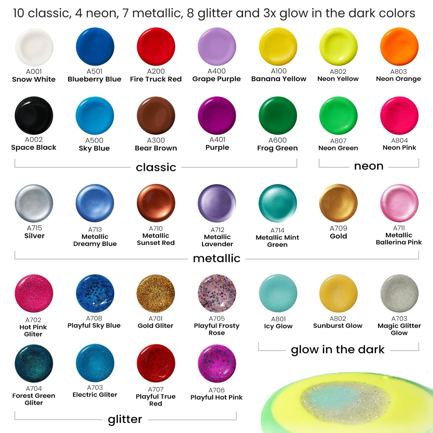 ARTEZA 32 Tempera Paint, 2.03oz/60ml Bottles, Washable Tempera Paint for Kids, Includes Neon, Glitter & Glow-in-The-Dark