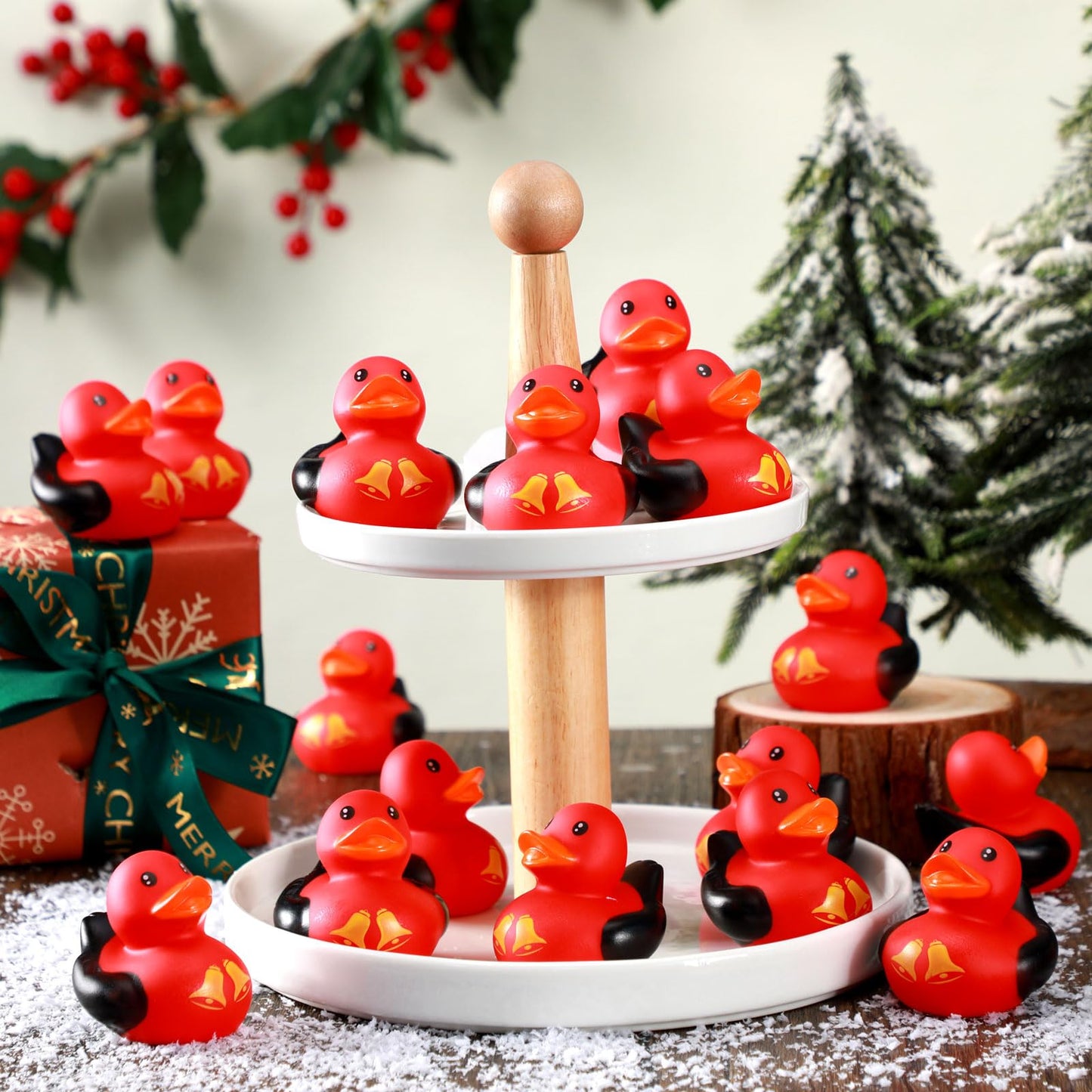 Leyndo 24 Pcs Christmas Mini Rubber Duck Bulk with Xmas Bell for Cruise Ship Party Favors Gifts Bathtub Floating Pool Squeaky Red Black Small Duck for Xmas Baby Shower Party Supplies