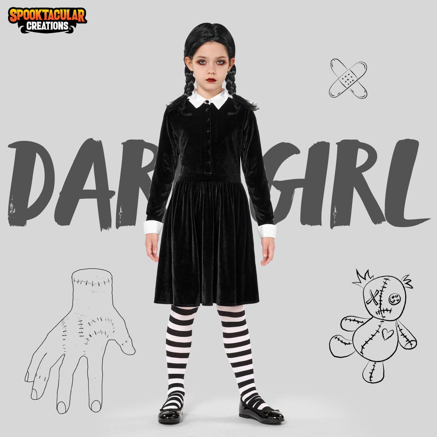 Spooktacular Creations Girls Collar Black Dress, School Girl Costume With Wig, Long Sleeve Velvet Skater Dress For Kids Toddler Halloween, Cosplay Themed Party (Medium, 8-10 Yrs)