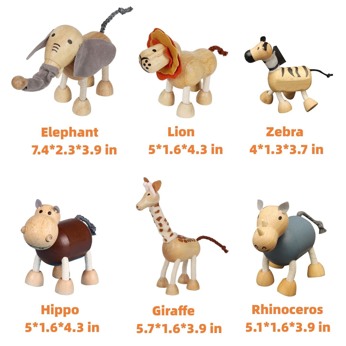6 Pack Bendable Wooden Animal Figurines Toys, Smooth Natural Wood Zoo Jungle Safari Animals Figures Toys, Preschool Learning & Education Toys For Toddlers Kids