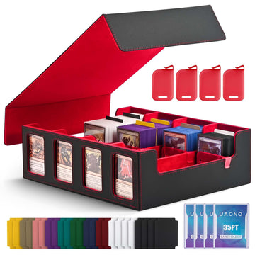 Uaono Trading Card Storage Box With Commander Display; 2400+ Deck Box For Mtg With Removable Cover; Toploader Card Case Fits Magic Tcg Ptcg Sports Cards; 24 Dividers, 4 Stoppers (Black, Red)