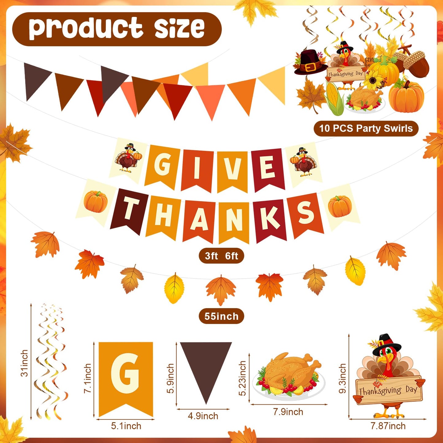 Tiamon 63 Pcs Thanksgiving Decorations Give Thanks Banner Fall Leaf Garland Turkey Pumpkin Hanging Swirls Decor Triangular Bunti