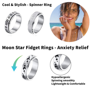 Mucal Fidget Rings For Anxiety 8Pcs Stainless Steel Spinner Ring Anti Spinning Moon Star Cool Stress Relieveing Women Men, Silver, 9