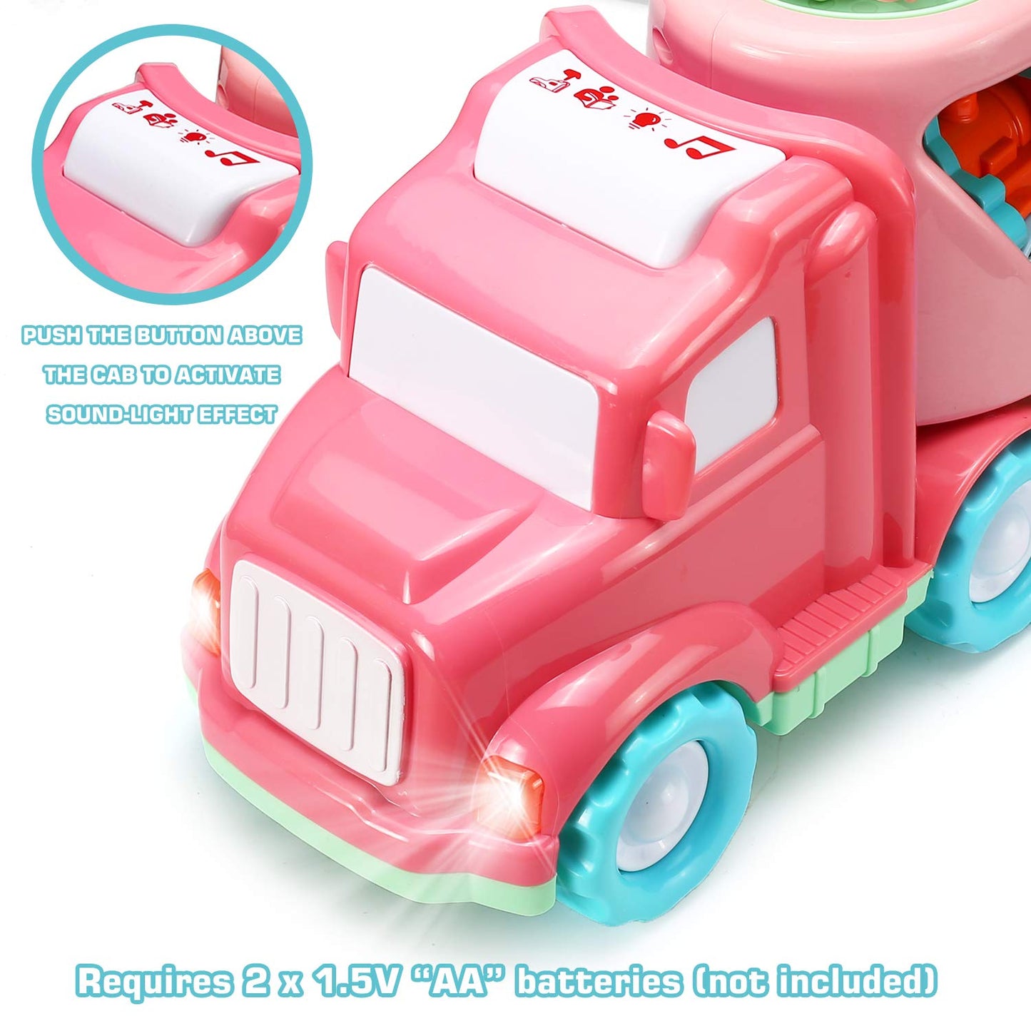 LESUTER TOYS Carrier Car Toy Set - 5 in 1 with Lights & Sounds, Pink, Friction Powered Double Layer Truck for Toddlers