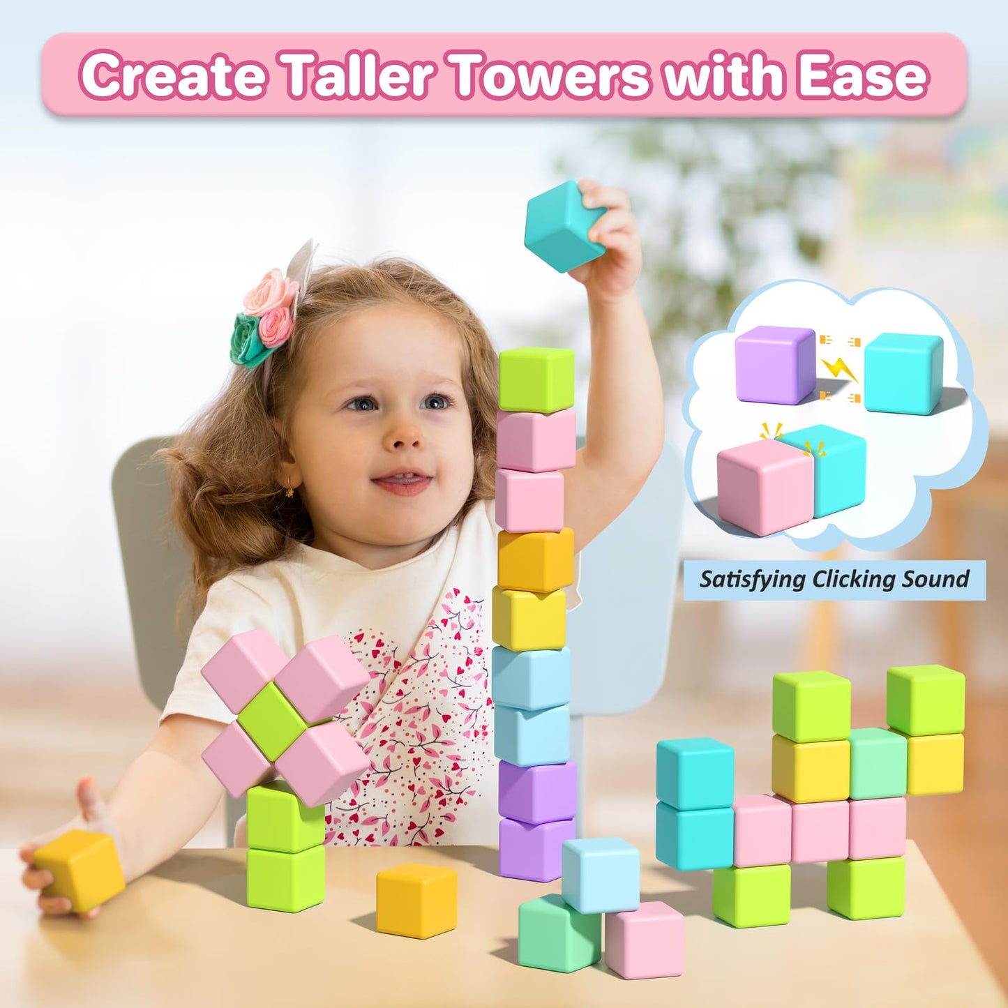 1.34 inch 56PCS Magnetic Blocks for Toddlers 4-8 Large Macaron Magnet Building Cubes for Kids Ages 3-5 Stem Preschool Stack Cons