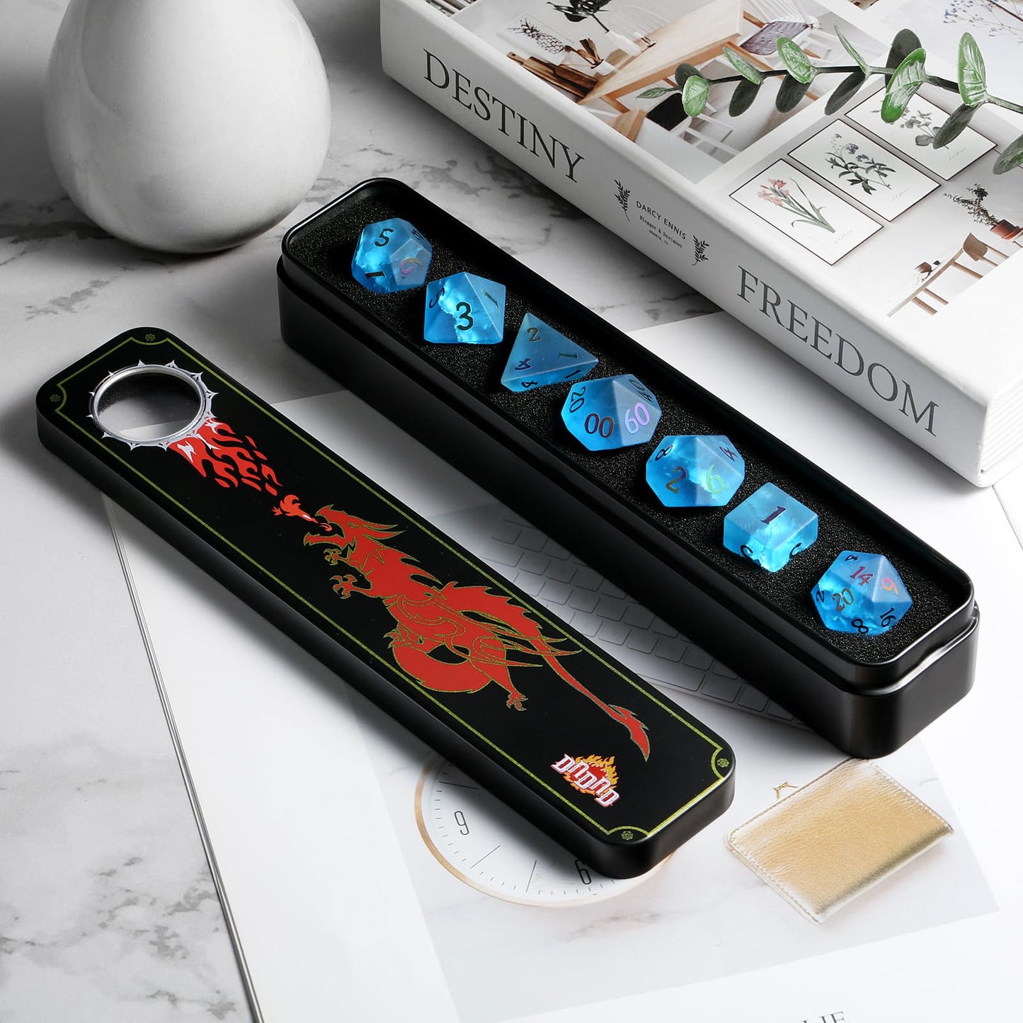 Dnd Dice Cracked Frosted Glass 7 Piece Blue Zircon Dice With Great Gift Case For Dnd Dungeons And Dragon Tabletop Game (Blue Gla