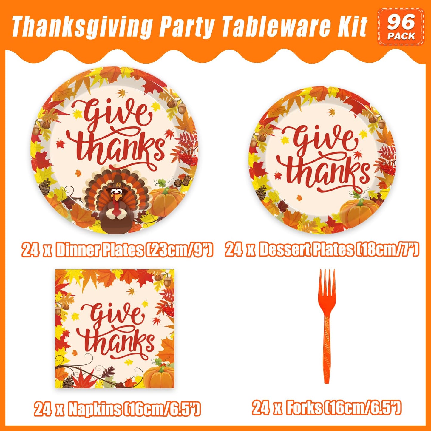 Kepeel 96 Pcs Fall Thanksgiving Party Supplies Give Thanks Party Plates Fall Pumpkin Turkey Autumn Party Plates Napkins Set Disp
