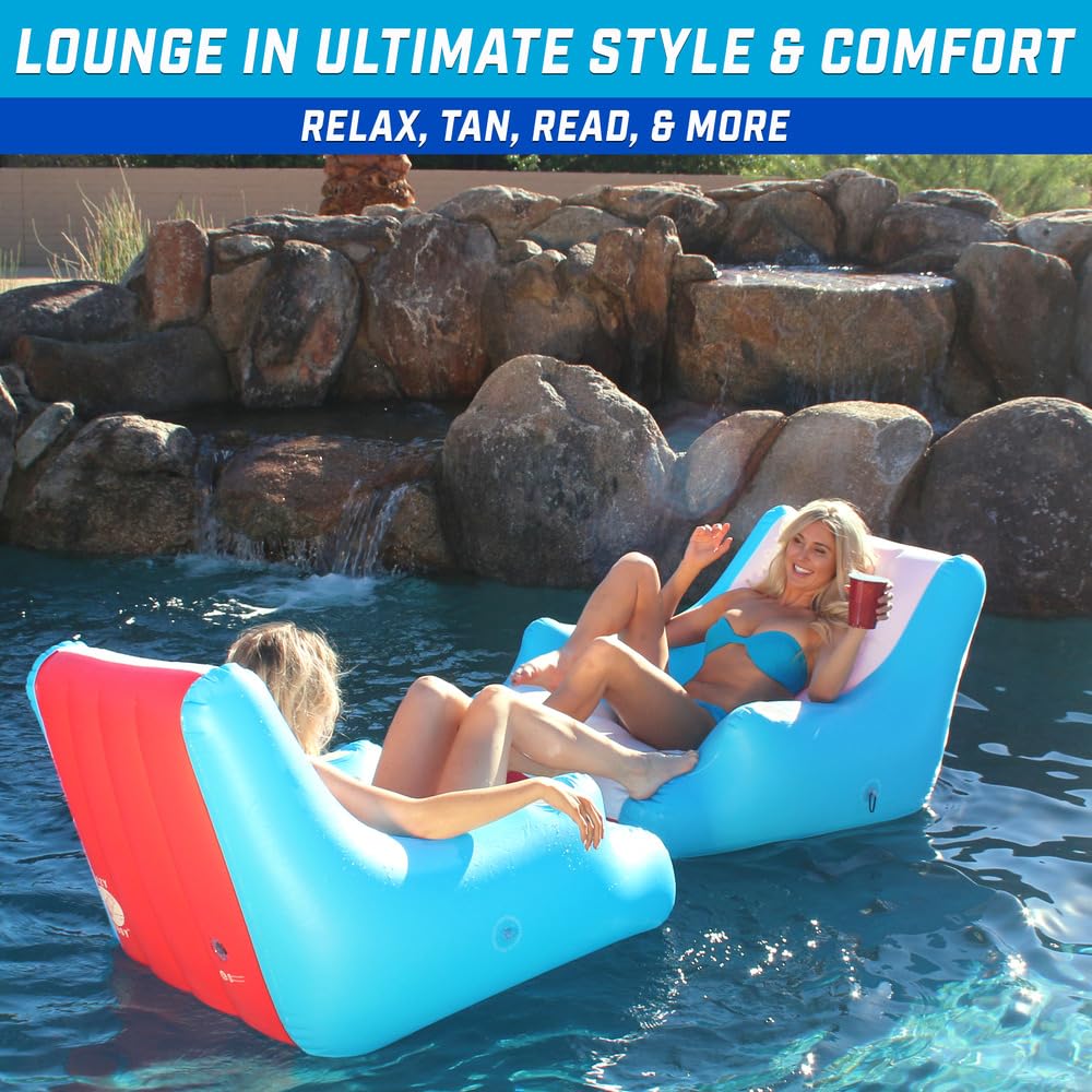 GoFloats Lazy Buoy Pool Lounge Chair - Large Blue Floating Chair with Cup Holders, Synthetic Material, Model LB-01