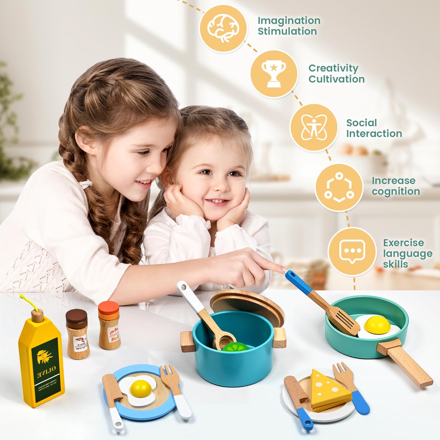 35 Pcs Wooden Play Kitchen Accessories, Pretend Play Kitchen Toys For Kids Toddlers, Wooden Play Cooking Set Play Food Cookware