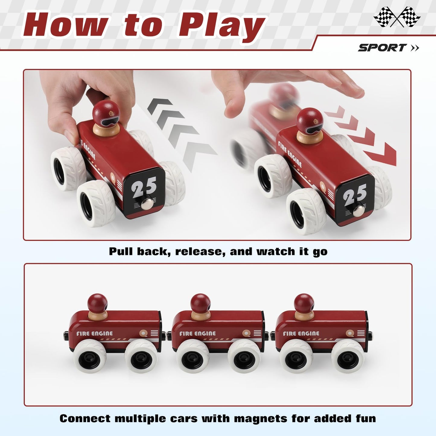 Btb Wooden Pull Back Car,Toy Fire Engine Fire Truck,Montessori Wooden Toy,Pullback Pull-Back Car,Wooden Vintage Retro Classic To