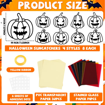 32 Sets Fall Halloween Pumpkin Suncatchers Craft Kit DIY Window Stained Glass Effect Halloween Pumpkin Paper Craft Home School C