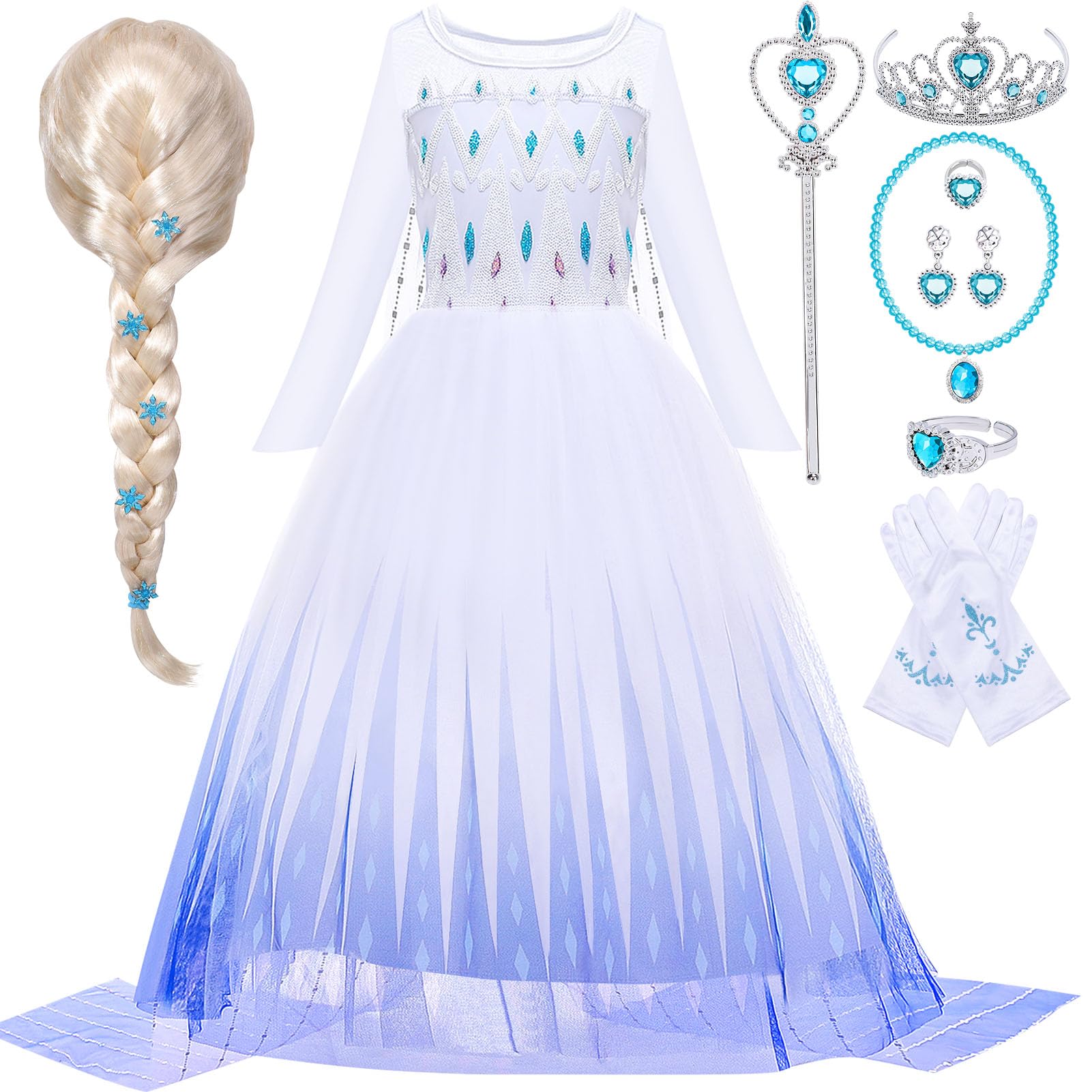 G.C Elsa Dress Costume For Girls Toddler Princess Dress Up Clothes With Cape Crown Wig Gloves Wand Necklace Accessories Toys Hal