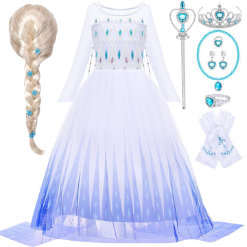 G.C Elsa Dress Costume For Girls Toddler Princess Dress Up Clothes With Cape Crown Wig Gloves Wand Necklace Accessories Toys Hal