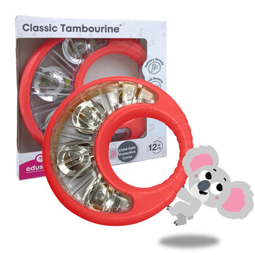 Edushape Classic Tambourine For Kids, Red - Percussion Musical Instrument Baby Tambourine For Toddlers 1-3, Kids Tambourine Fun Tummy Time, Fine Motor, Auditory And Visual Sensory Development