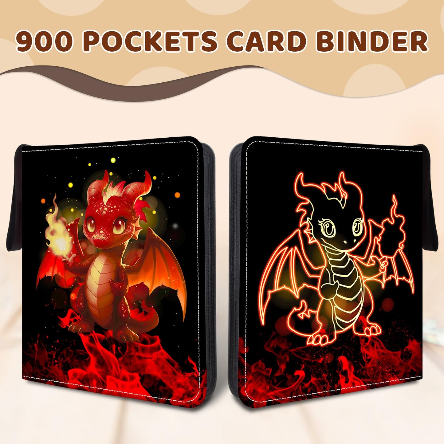 Wazzio 900 Pocket Trading Card Storage Album  Card Binder with 50 Durable 9-Pocket Pages  Pterosaur Dragon Design on Pocket Card Packs  Gifts for Zipper Closure Collector's Album