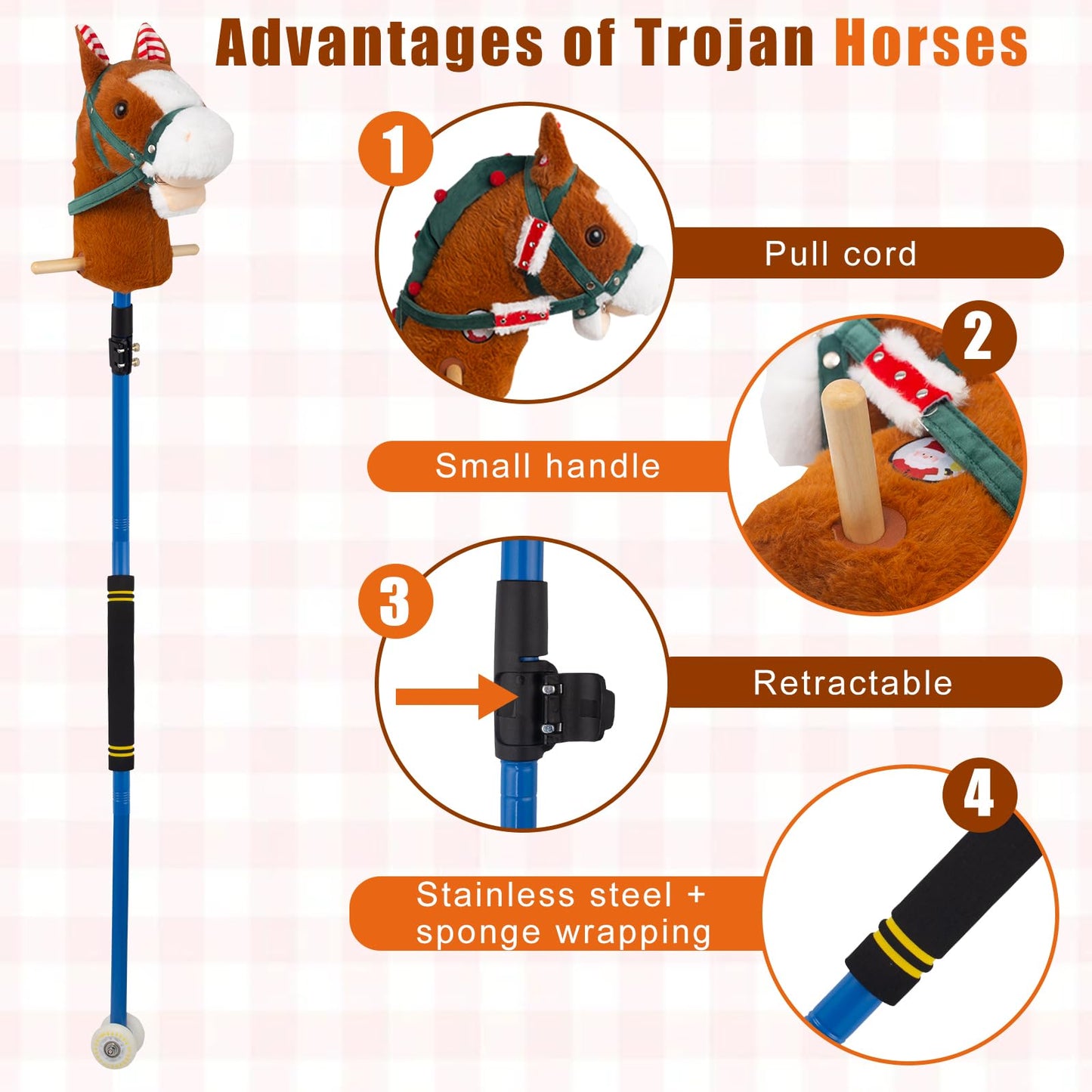 Stick horse, Hobby horse on a stick for kids ages 4-12 adjustable 30-52'' with Illuminated Silent Wheels Comfortable sponge wrap