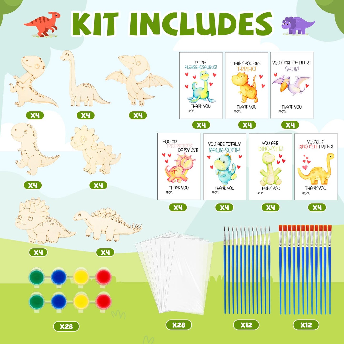 Leinuosen 28 Sets Dinosaur Party Favors Wood Painting Craft Kits with Art Supplies and Inspirational Cards Thank You for Coming