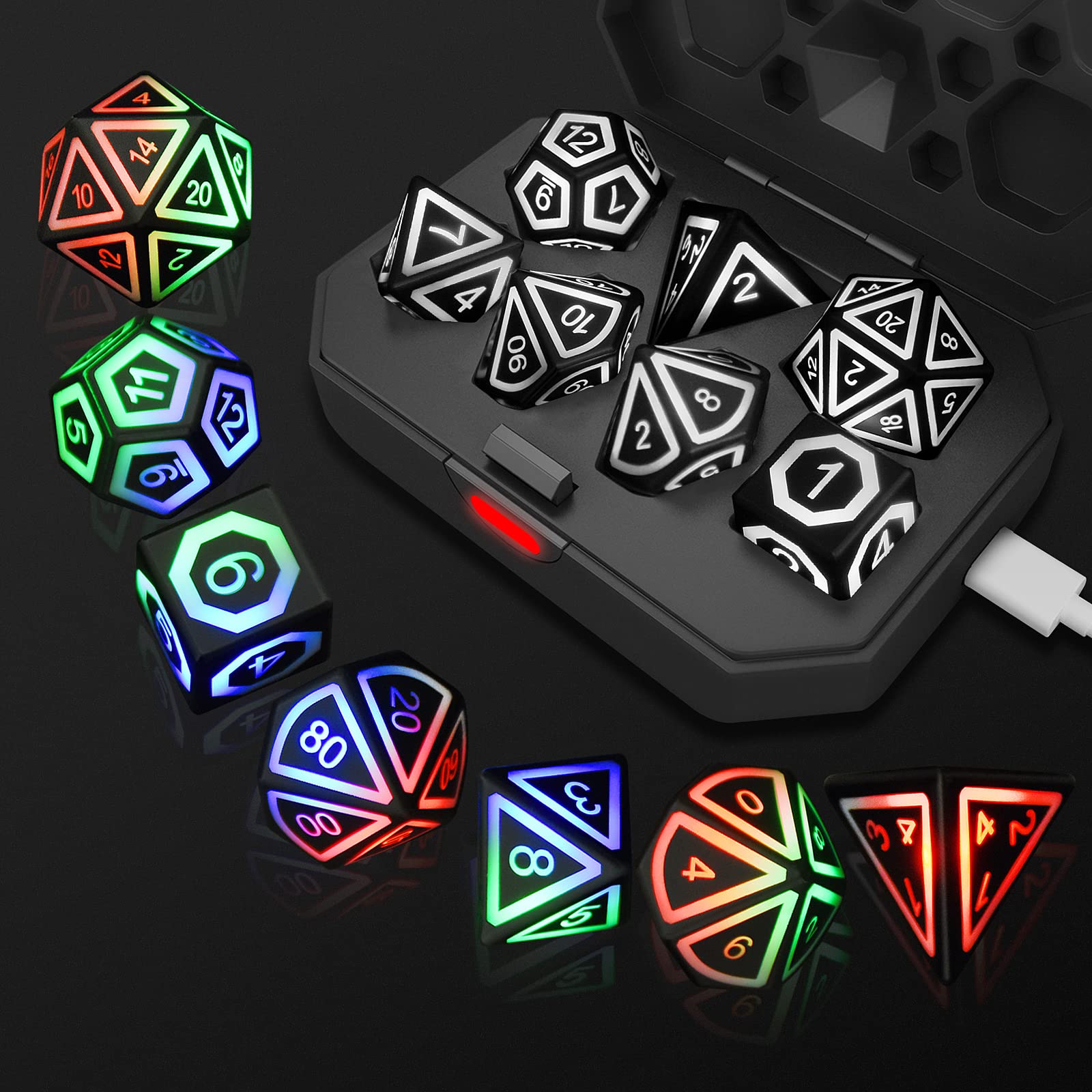 EXCECAR Rechargable DND Dice Set, Light Up Dice, 7 PCS Glowing Balanced LED Dice Electronic Dices, D&D Dice, Polyhedral Dice Set