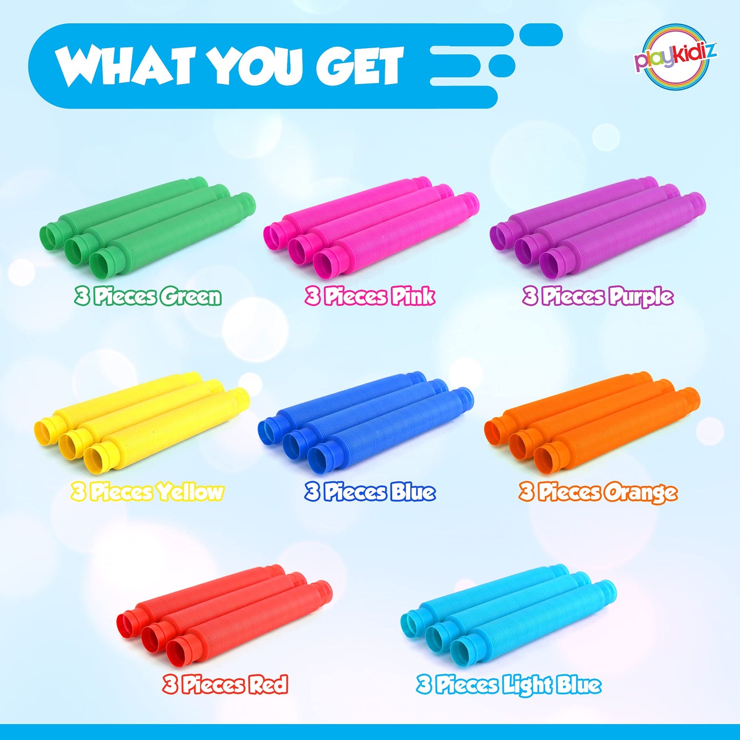 Pop Tubes Sensory Toys 24 Pack, Fine Motor Skills Toddler Toys, Thick Fidget Sensory Toys For Kids And Adults, Learning Toys, 7.5' In Diameter, Stretches Up To 26' By Playkidz