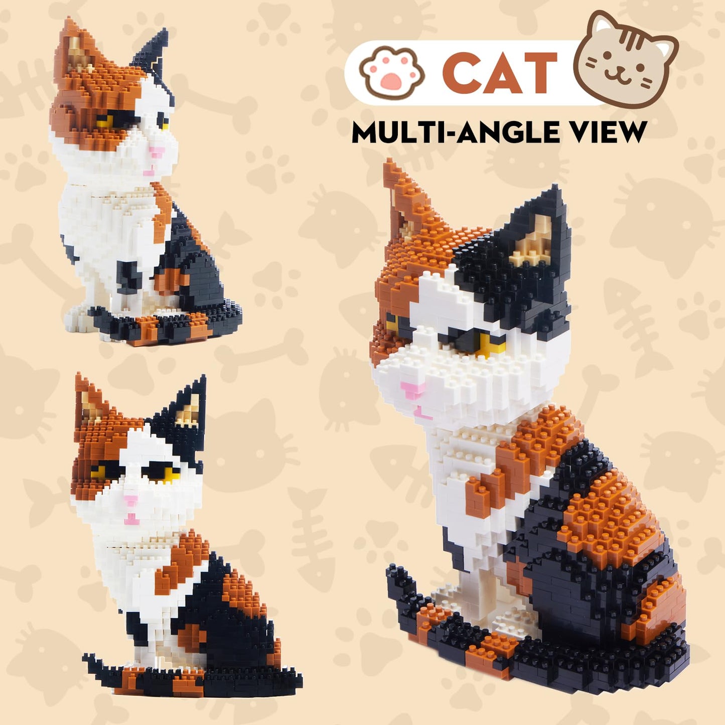 GaoDeBuChou Cat 3D Micro Puzzle Building Block Set, 1300 PCS, Calico, Medium, STEM Gift for Ages 8-14