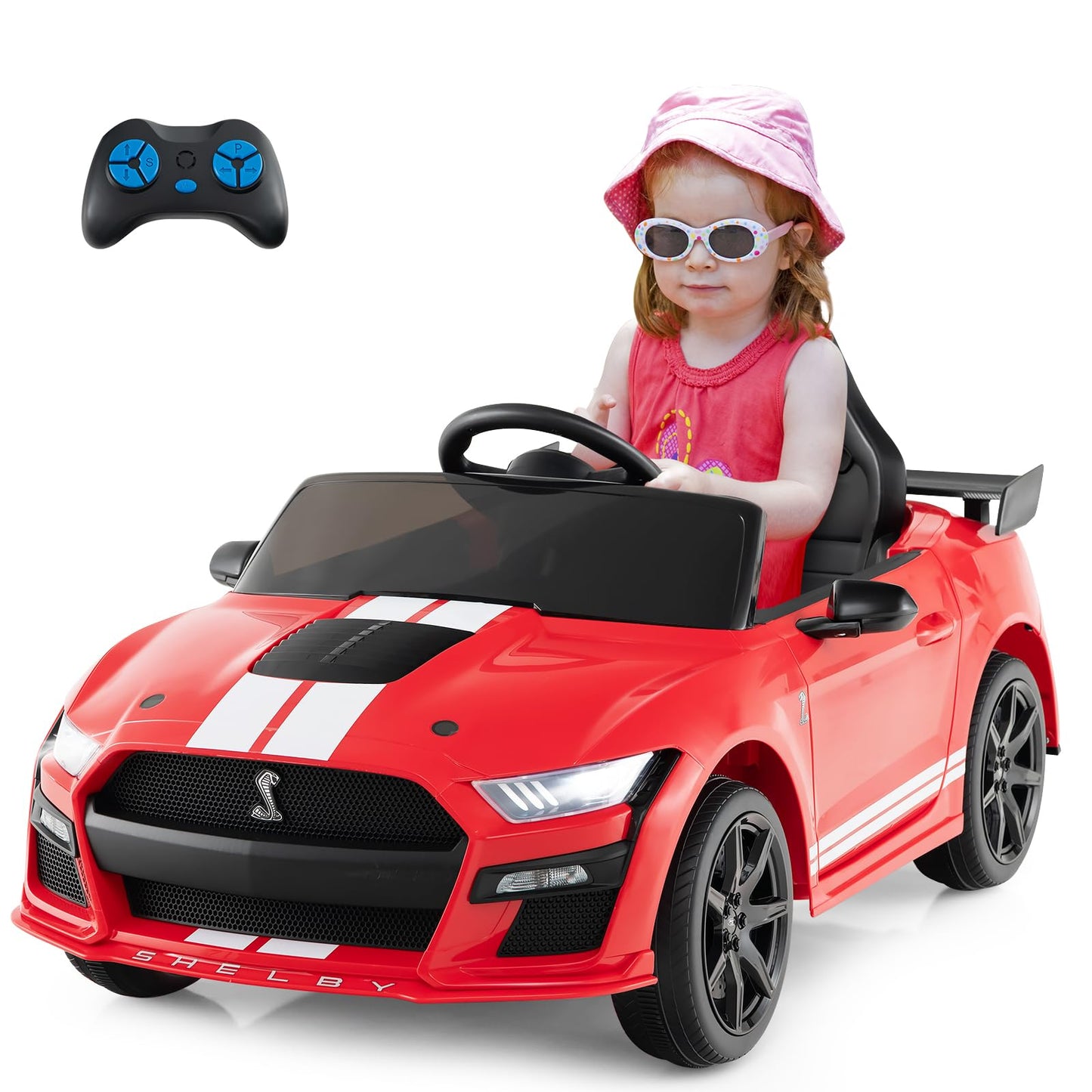 Costzon Ride on Car  12V Licensed Ford Mustang Shelby GT500 Kids' Electric Vehicles w/Remote Control  USB Port  Radio  Music  Player  High Low Speed & Soft Start  Racing Kids Car for Toddlers (Red)