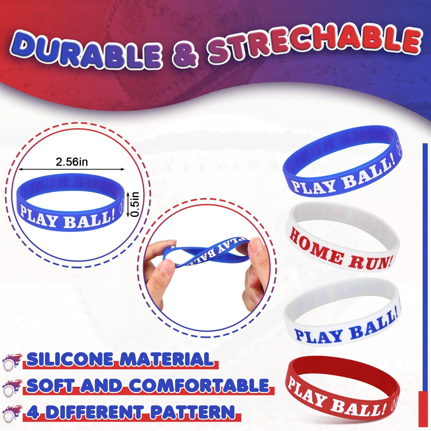 Mtlee Baseball Party Favors - 36 Pieces Set Includes 12 Paper Bags, 12 Silicone Bracelets, 12 Mini Foam Baseballs