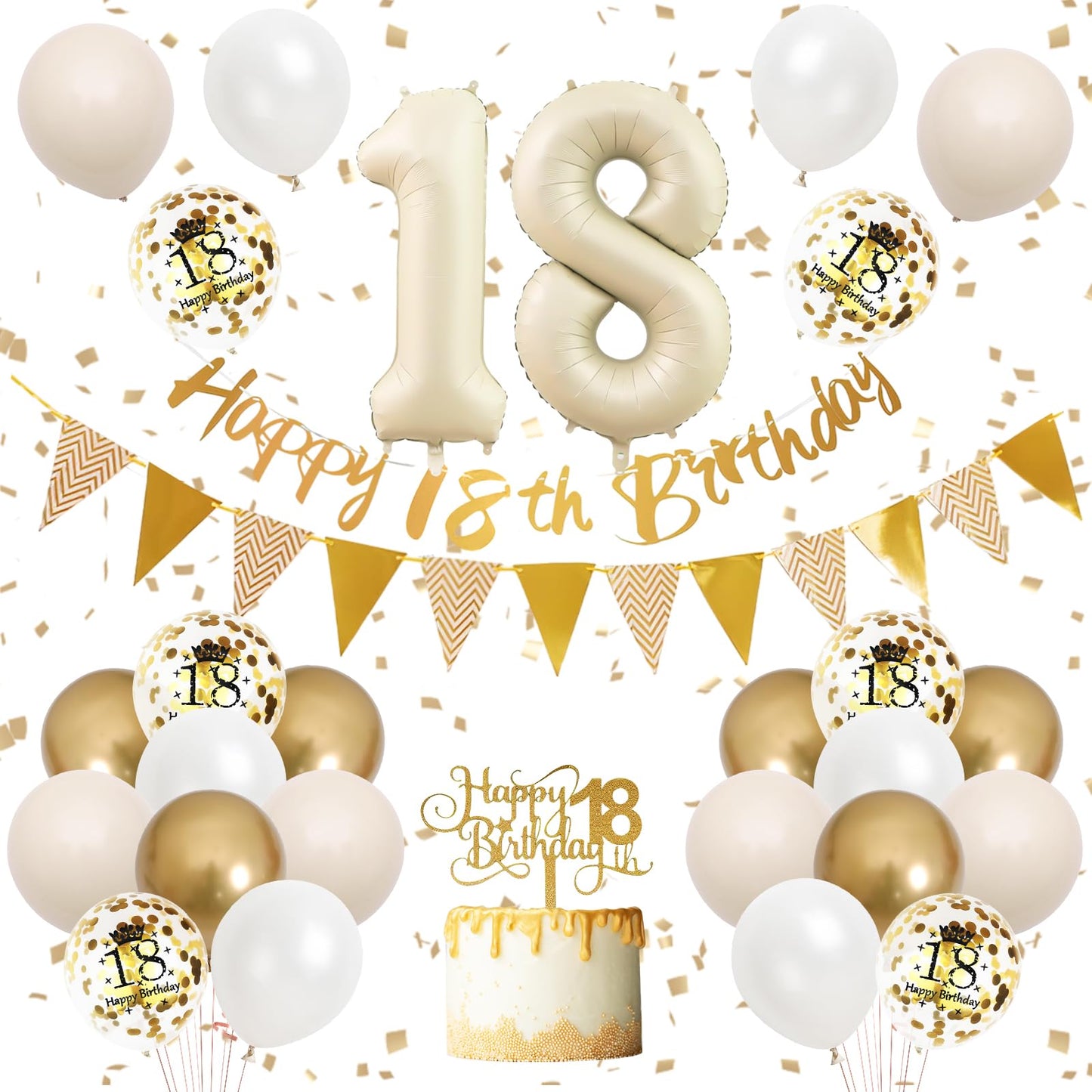 18Th Birthday Decorations Sand White Gold,18Th Birthday Balloons Beige Gold,Happy 18Th Birthday Banner With Cake Toppers Number