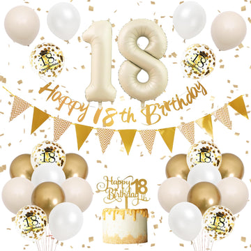 18Th Birthday Decorations Sand White Gold,18Th Birthday Balloons Beige Gold,Happy 18Th Birthday Banner With Cake Toppers Number