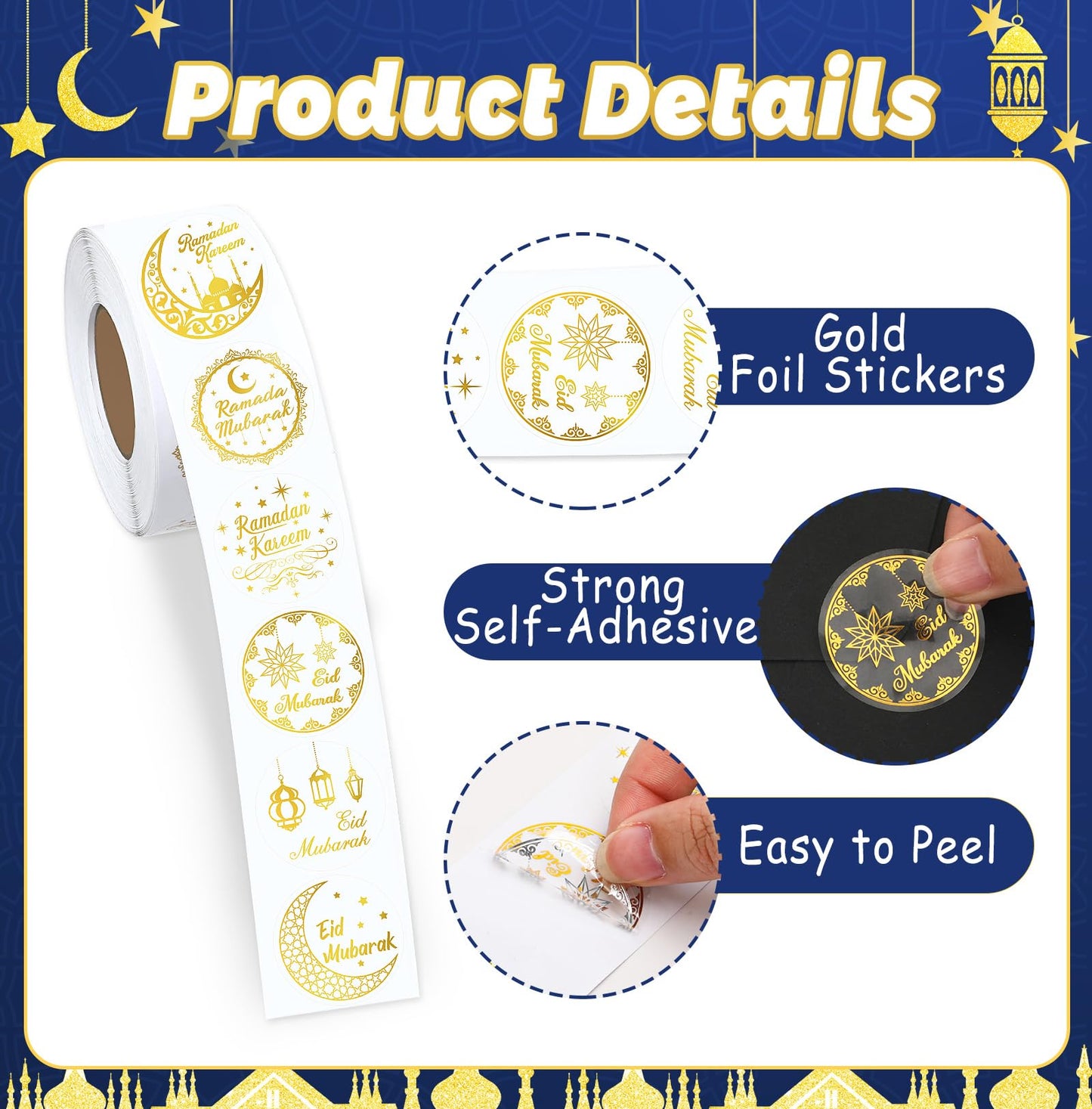 FEBSNOW 600 Pcs Gold Foil Ramadan Eid Mubarak Stickers, Modern Style, Multi-Surface, Paper with Gold Foil, Round, Ramadan Theme,