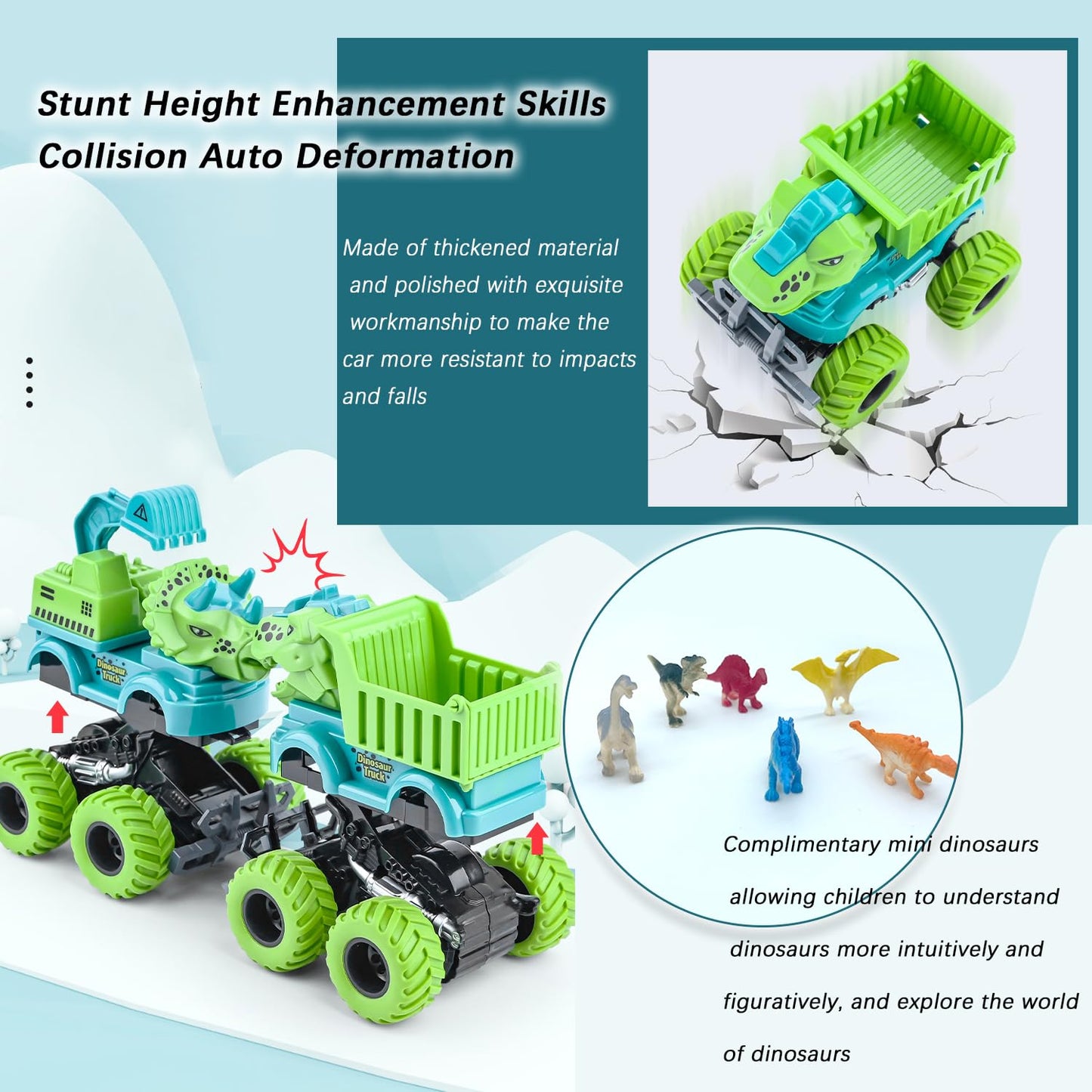 Monster Truck Toys for 2 3 4 5 Year Old Boys Gifts, 2 Pack-Dinosaur Toys for Kids 3-5 with 6 Mini Small Dinosaur Toys, Ideal Mon