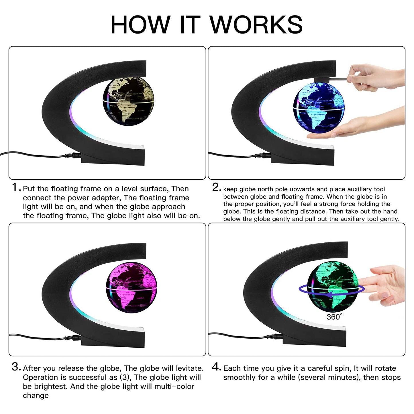 Gresus Multicolor Changing Magnetic Levitation Floating World Map Globe, Floating Globe With Led Lights, Great Fathers Students Teacher Business Boyfriend Birthday Gift For Desk Decoration