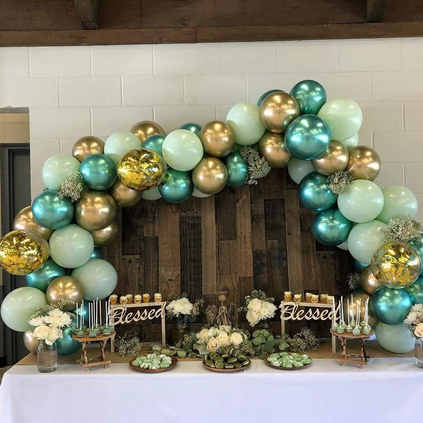Green Gold Balloons Set, 60Pcs Dark Green White Gold Balloons, 12Inch Metallic Green Gold Latex Balloons Gold Confetti Balloons