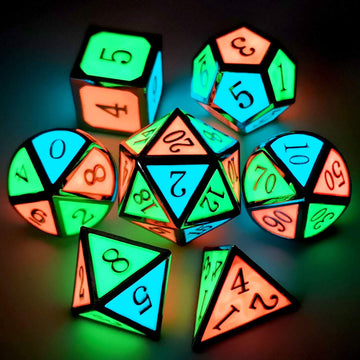 Haxtec Glow in The Dark Glowing Blue Red Green Silver Metal Dice Set D&D 7PCS DND Dice Set for Dungeons and Dragons RPG Games-Si