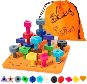 Skoolzy Toddler Peg Board 38 Pcs With Ebook - Pegboard For Toddlers - Stacking Peg Board - Color Matching & Shape Recognition Toy For Toddlers 3+