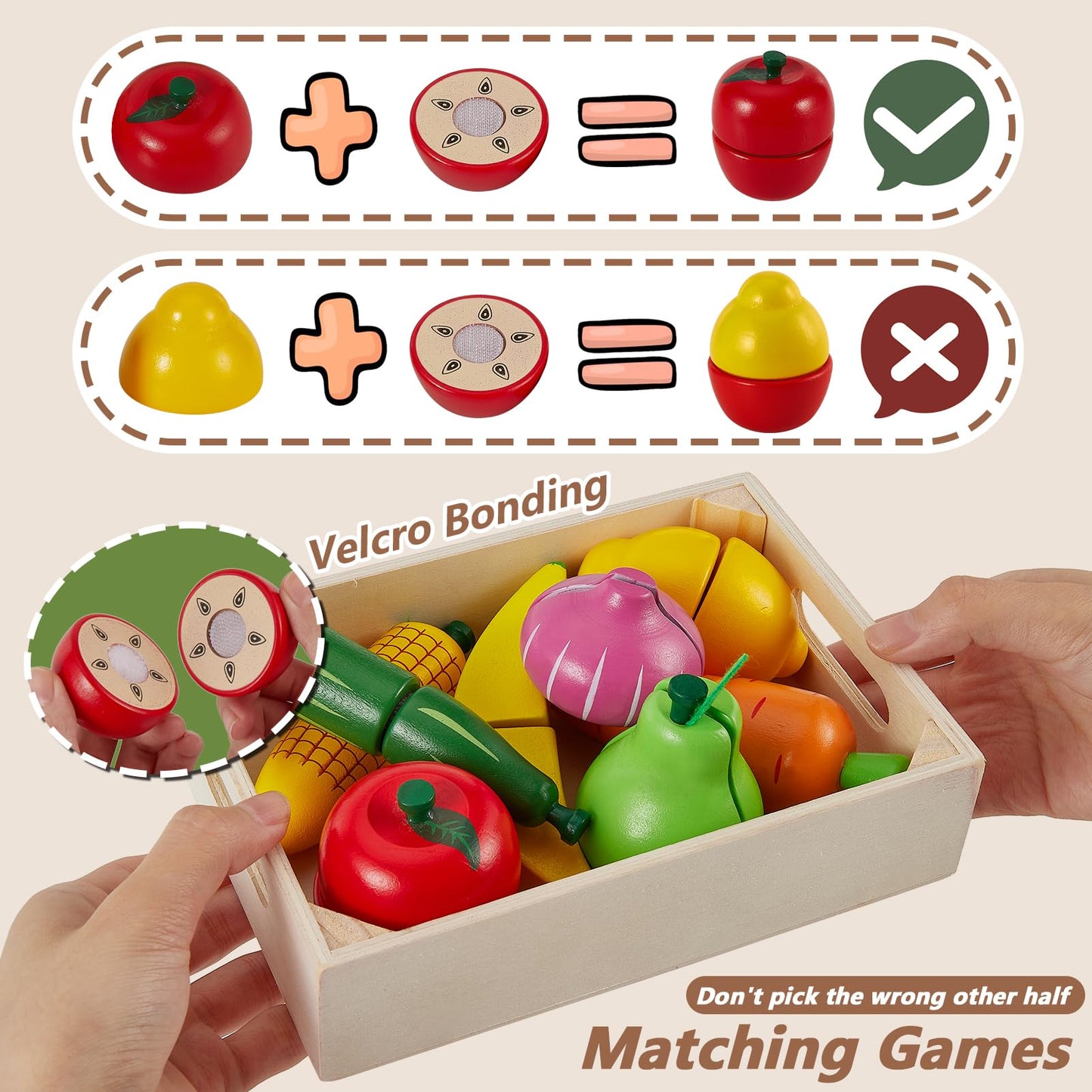 HERSITY Wooden Play Food Set Cutting Fruits and Veggies Toys for Toddlers 1-3, Pretend Play Kitchen Accessories Montessori Educa