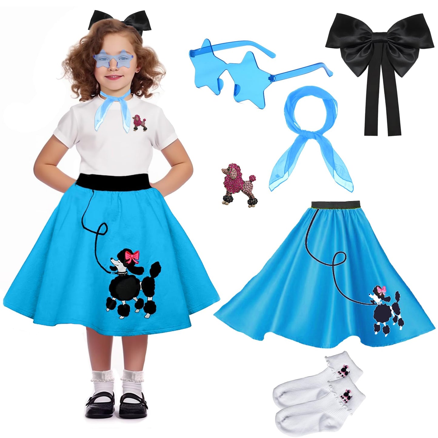 Pikpops 1950S Girls Poodle Skirt Dress Up Kit, Bobby Sock,Chiffon Scarf, 50S Costume Outfit For Kids Toddler (Blue, 4-6 Yrs)