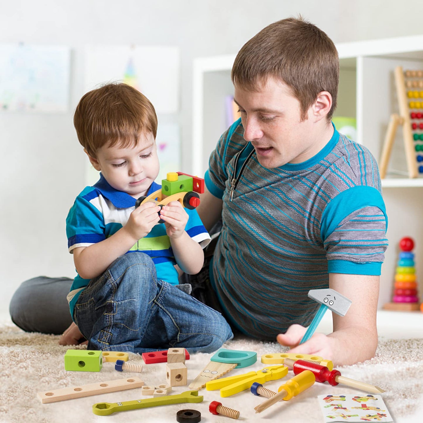 TONZE Kids Tool Set - 34 PCS Wooden Montessori Tools for 3-4 Year Olds, Educational STEM Toys, Red, Medium Size