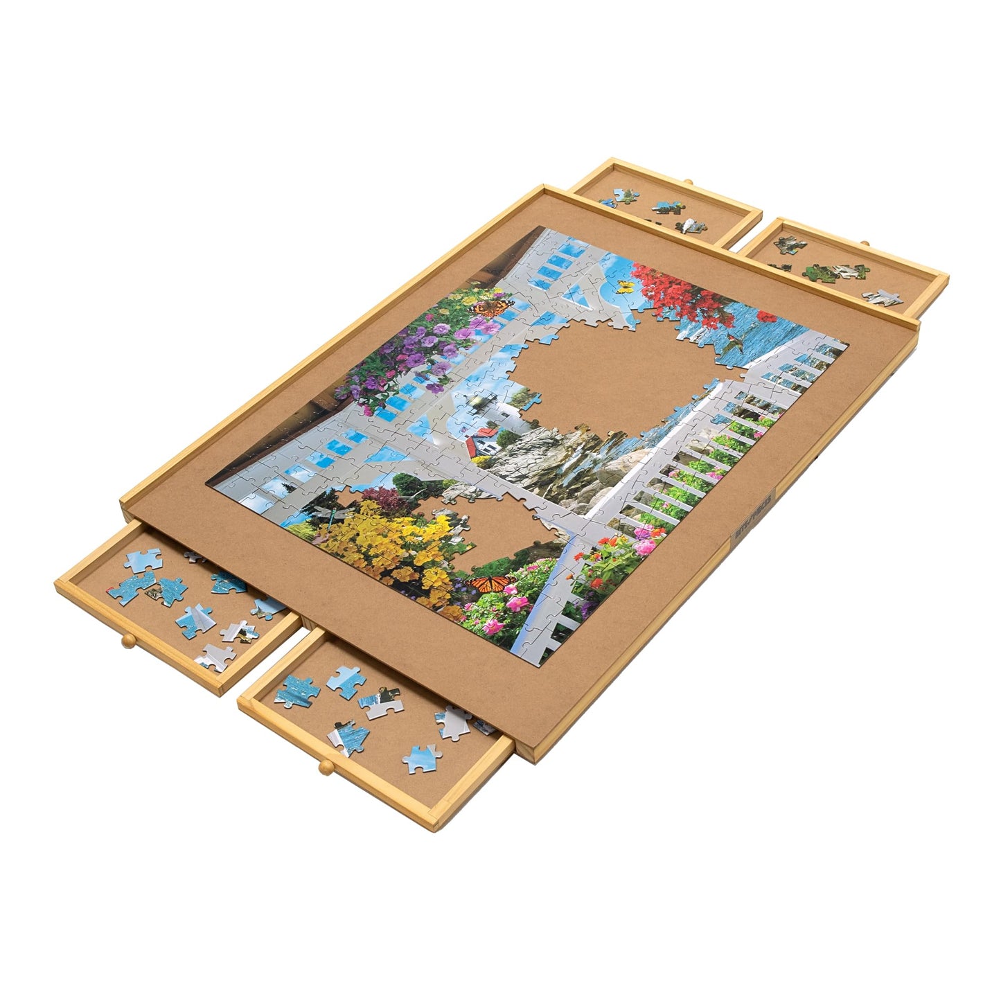 Bits and Pieces Puzzle Board with Drawers - 1500 Piece Jigsaw Puzzle Table Organizer - enhanced Wooden Puzzle Board for mature-themeds  26x35 Smooth Non-Slip Surface  Portable Puzzle Table with Sorting Trays