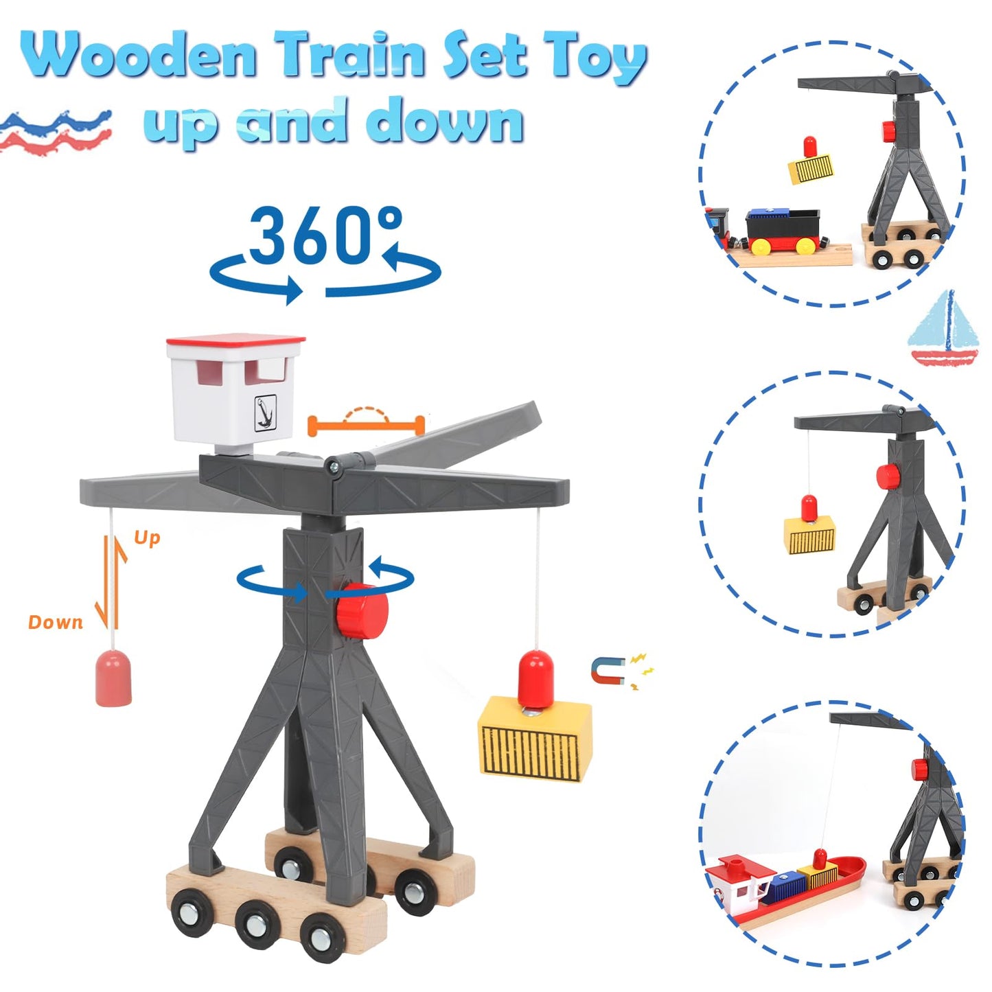 Wdmiya Wooden Train Set for Toddlers  57 Pcs Wooden Train Track for Kids  Train Toy with Bridge and Tracks (Fits Thomas & Brio)  Birthday Trains Gift for 2 3 4 5 6 7 8 Years Old (Harbor)