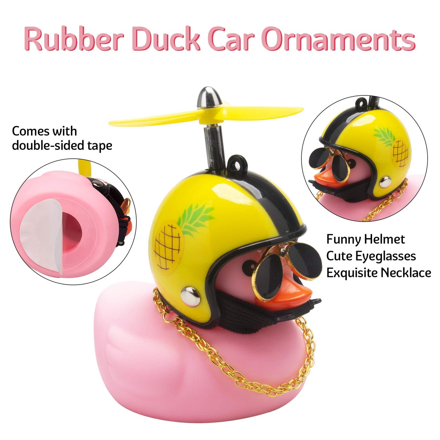 Wonuu Pink Duck Car Dashboard Decorations Rubber Duck Car Ornaments Cool Duck With Propeller Helmet Sunglasses Gold Chain (Pinea