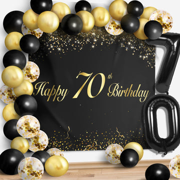 Happy 70Th Birthday Balloons Black Set Decor - Cheers To 70 Years Old Party Theme Garland Banner Backdrop Decorations For Women