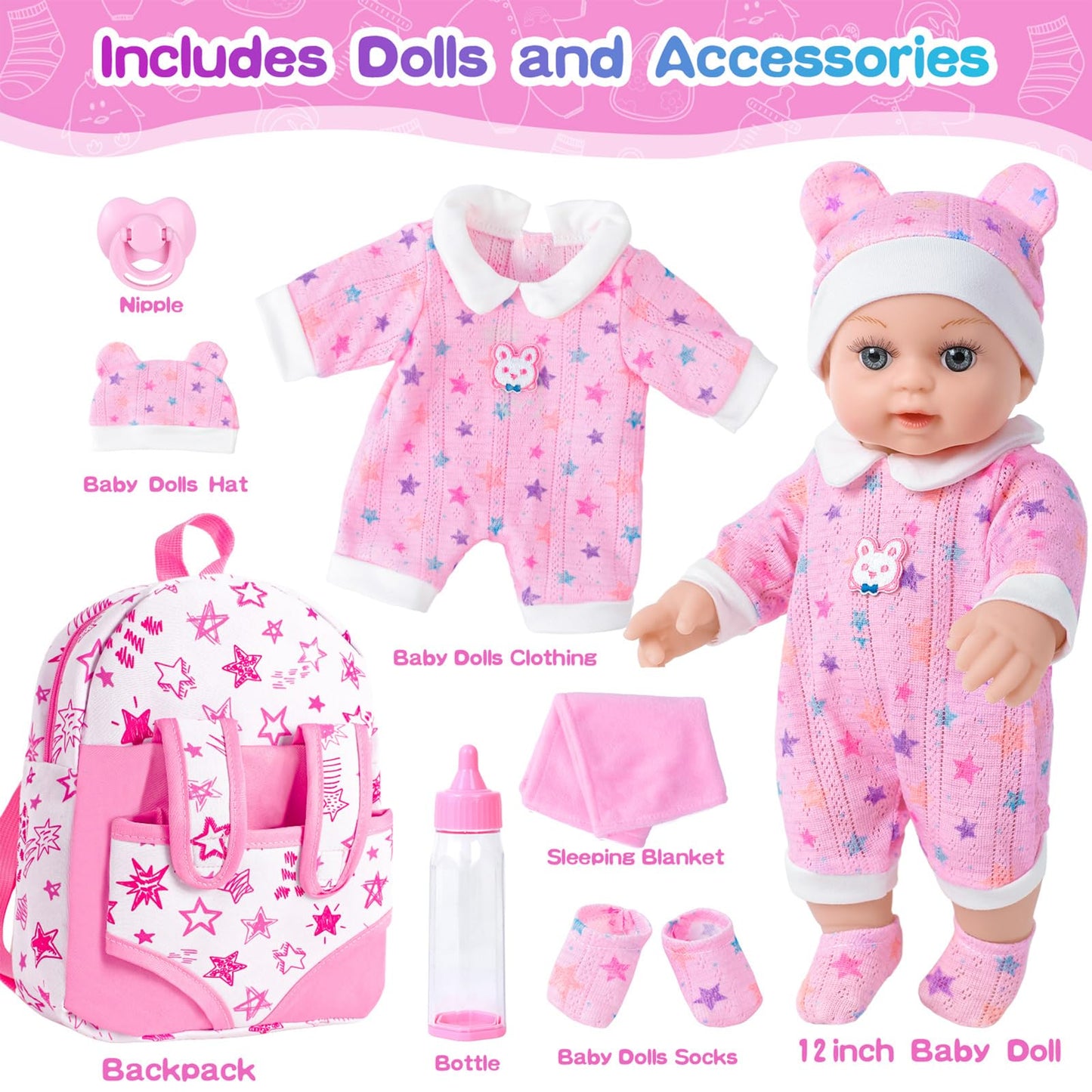 BDDOLL 12 Baby Doll in Gift Box with Pink Backpack, Cloths, Feeding Bottle and Pacifier, First Baby Dolls for Toddlers 3 Years a