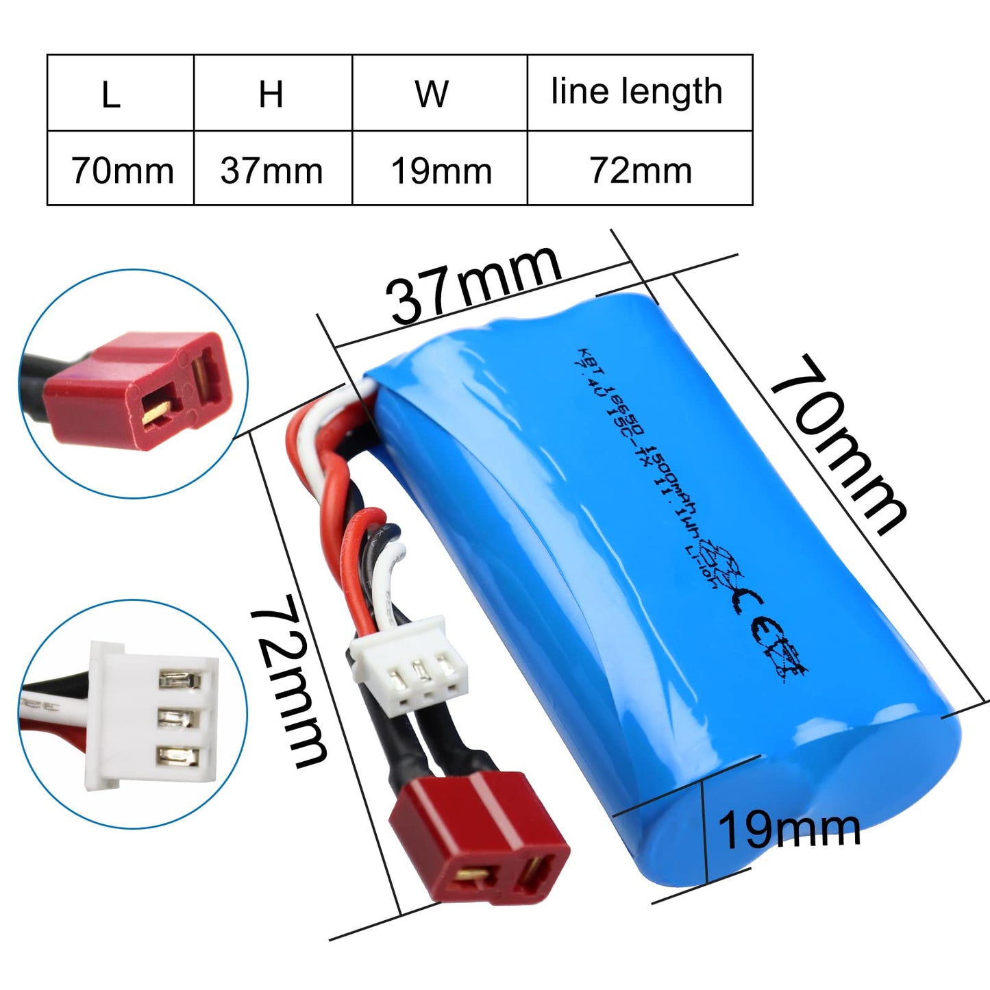 KBT RC Car Lithium Battery: 7.4V 1500mAh Rechargeable Li-ion Battery, 15C High Drain Discharge Batteries with TX Plug & Charging